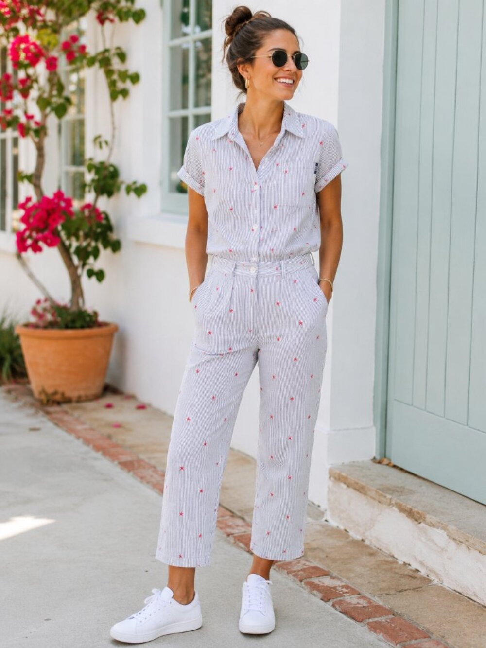 Vintage Sag Harbor Sport Set Women's L Shirt Pants White Blue Stripes Red Stars
